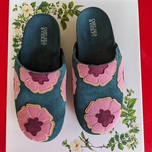 Chelsea & Violet Teal Suede Mules with Pink Floral Appliqué